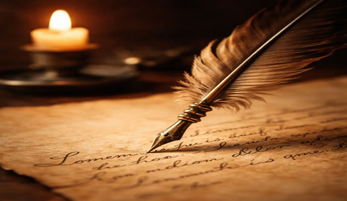 une plume écrit sur un parchemin