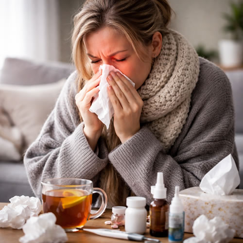 femme enrhumée, et en sinusite